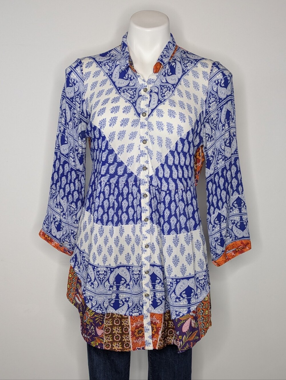 Aratta Silent Journey Blue White Orange Mixed Print Button Up Blouse S
